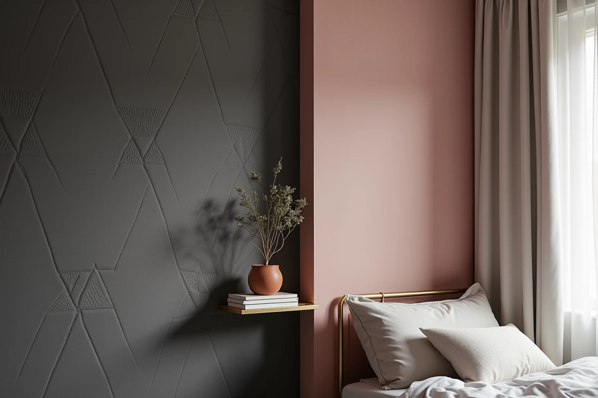 Comparaison entre papier peint texturé anthracite et peinture mate rose poudré dans une chambre adulte moderne