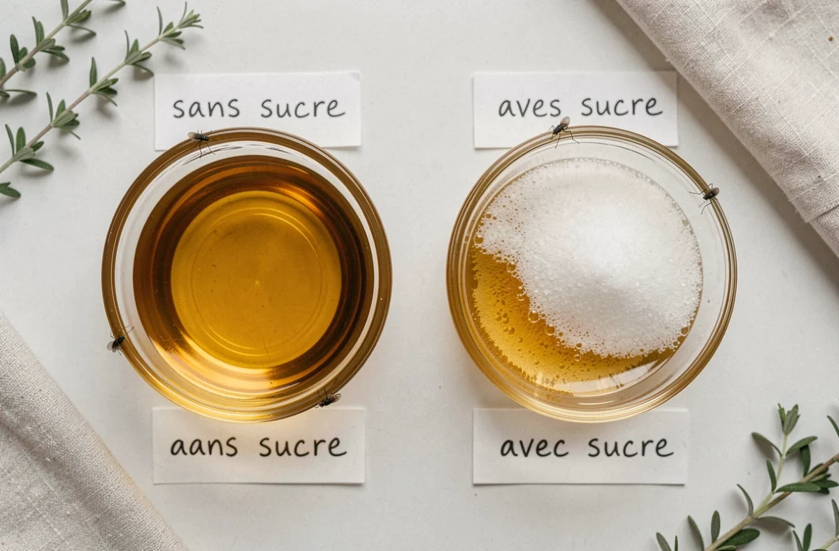 Comparaison de deux pièges à mouches vinaigre, avec et sans sucre, vus de dessus sur une surface blanche