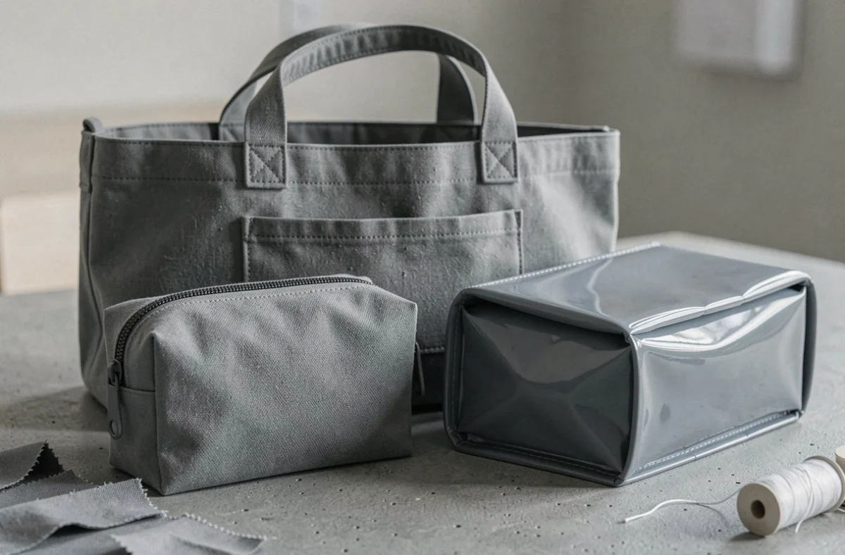 Trousse, tote bag et lunch bag en tissu enduit comparés côte à côte sur un plan de travail en béton