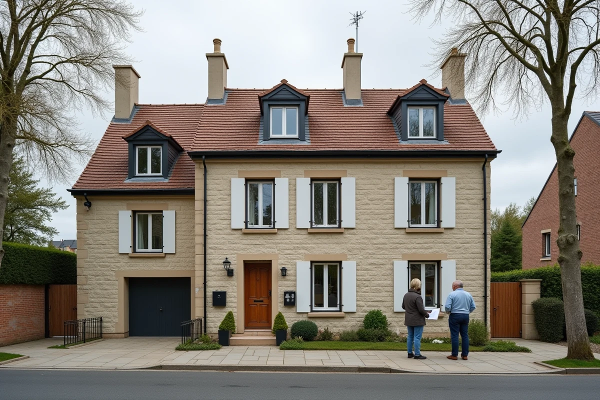 Comparaison de différents types de biens immobiliers avec étiquettes DPE visibles en milieu périurbain