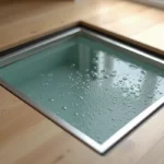 Condensation et voile blanc sur une trappe cave en verre encastrée dans un parquet en chêne, avec cadre en acier inoxydable brossé et joints en caoutchouc visibles