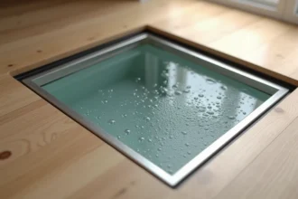 Condensation et voile blanc sur une trappe cave en verre encastrée dans un parquet en chêne, avec cadre en acier inoxydable brossé et joints en caoutchouc visibles