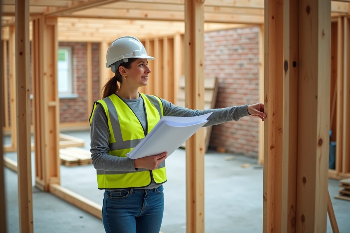 Conductrice de travaux expliquant la pose des solives sur un chantier de construction neuve avec plans en main