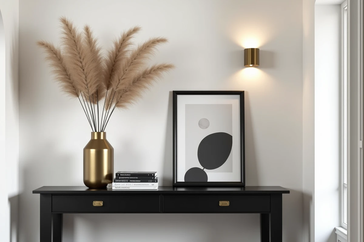 Console noire laquée avec vase en laiton, livres monochrome et cadre doré dans un salon chic noir et blanc