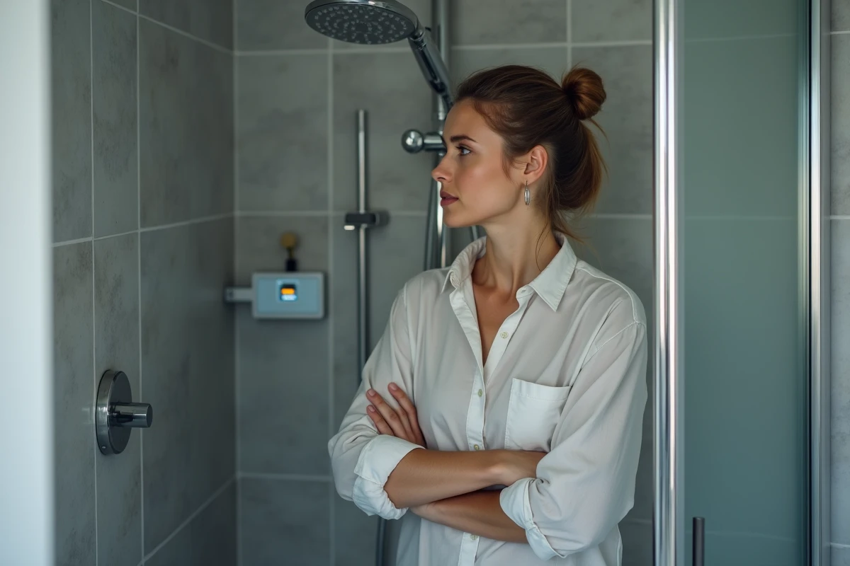 Femme observant un compteur de consommation d'eau dans une douche carrelée moderne