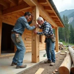 Charpentiers assemblant des poutres en bois massif pour la construction d'un chalet en ossature bois dans un cadre montagnard