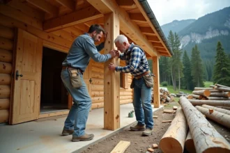 Charpentiers assemblant des poutres en bois massif pour la construction d'un chalet en ossature bois dans un cadre montagnard