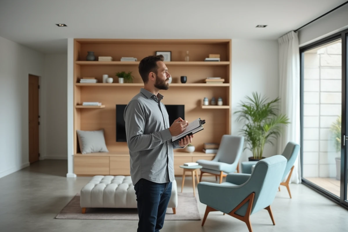 Consultant Tooplans présentant les résultats d'un projet de rénovation dans un salon moderne rénové