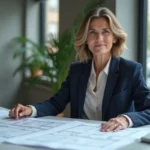 Femme professionnelle consultant des plans d'aménagement chez Tooplans dans un bureau moderne