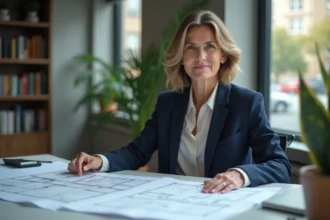 Femme professionnelle consultant des plans d'aménagement chez Tooplans dans un bureau moderne