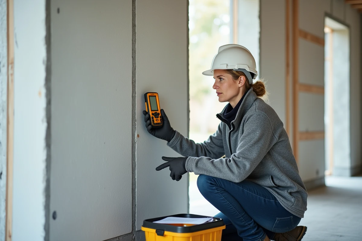 Inspectrice de chantier mesurant les performances thermiques d'une isolation intérieure Effi 65 avec un appareil de contrôle