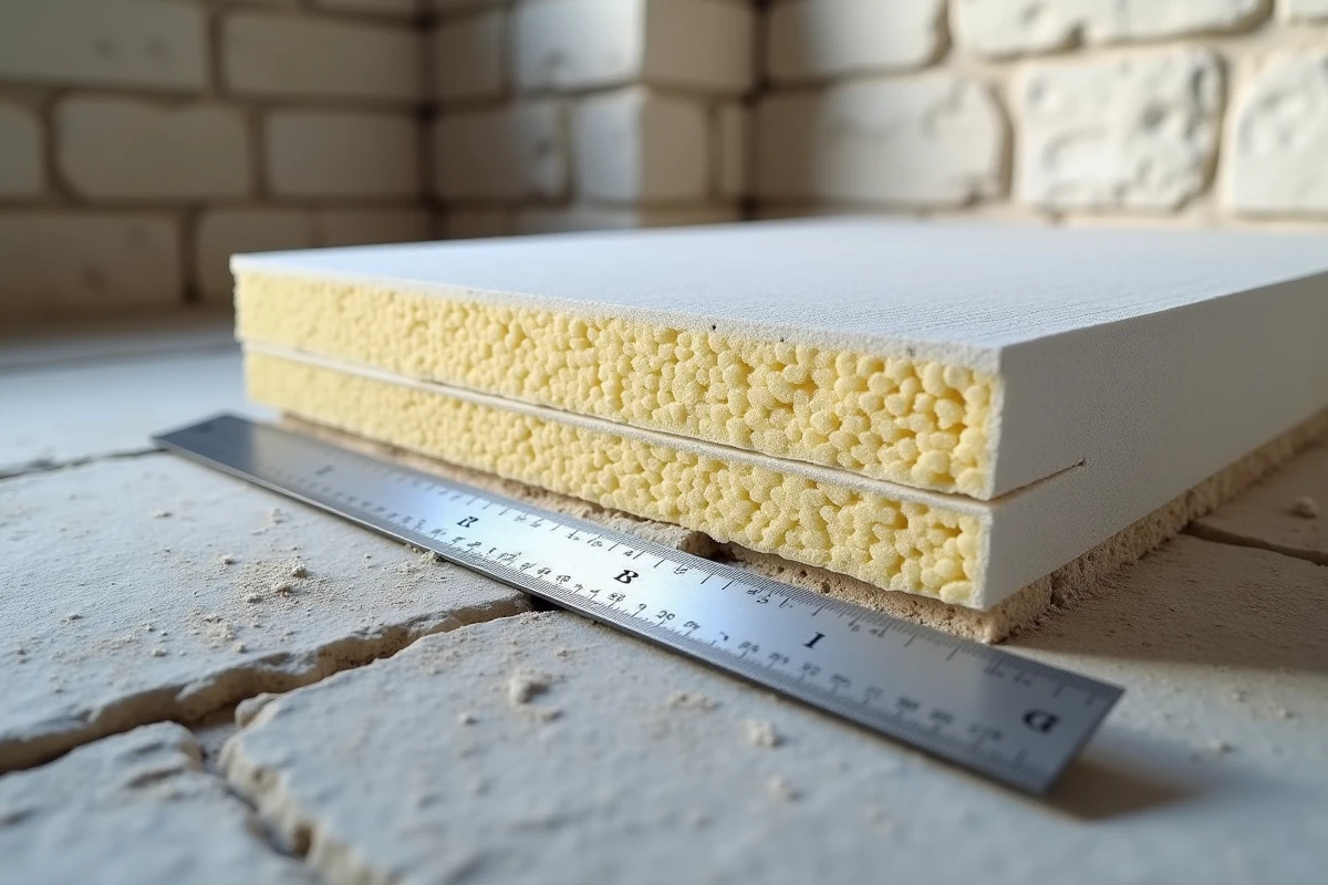 Coupe transversale d'un panneau isolation Effi 65 installé sur mur en pierre montrant les différentes couches de matériaux