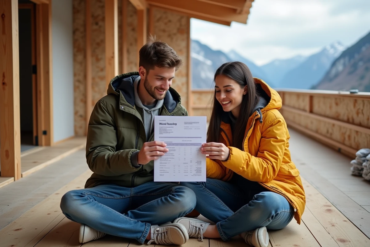 Jeune couple examinant une facture de construction sur la terrasse