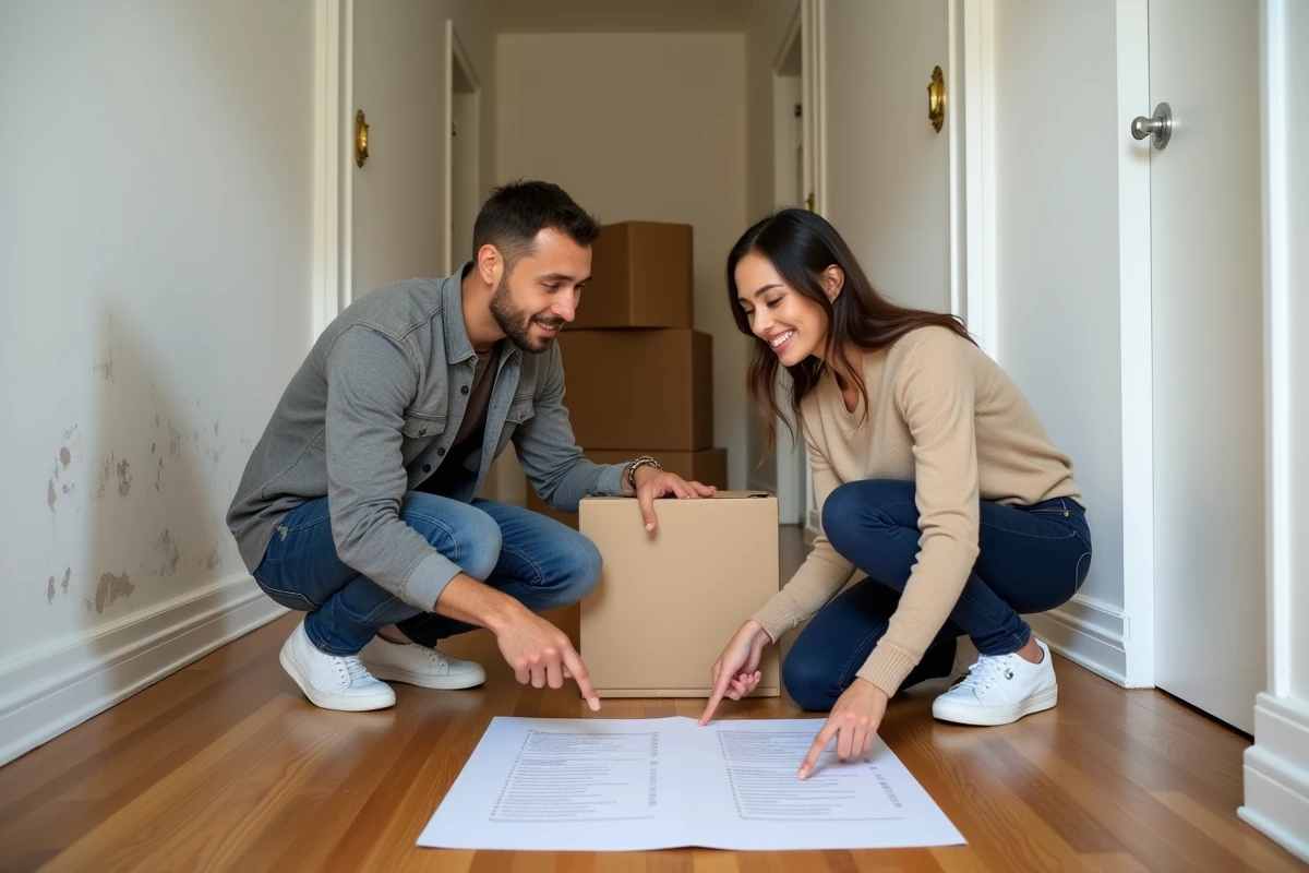 Couple consultant ensemble une checklist de déménagement imprimée posée sur le sol d'un couloir d'appartement vide entouré de cartons