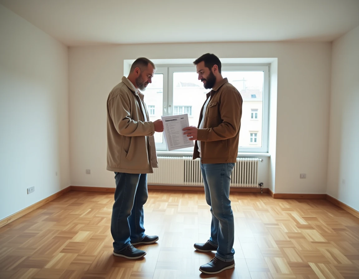 Couple vérifiant une liste de démarches à accomplir avant un déménagement dans un appartement vide
