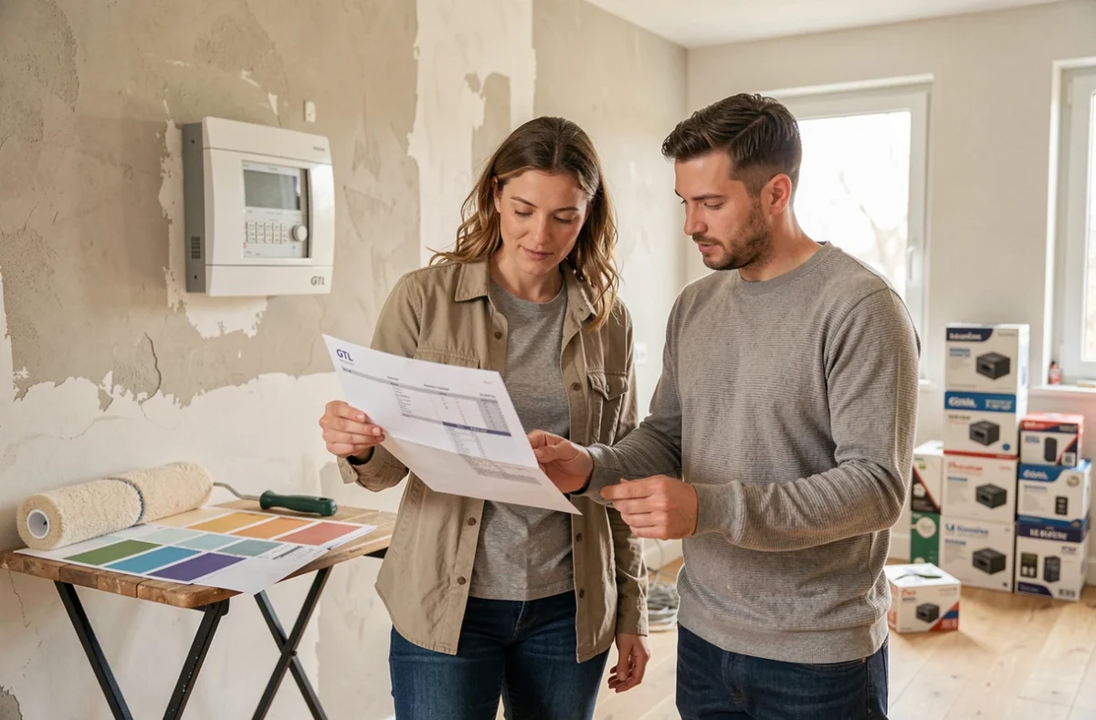 Couple examinant un devis électrique devant un tableau GTL installé dans une maison en rénovation