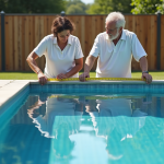 Couple regardant la piscine en vérifiant ses dimensions