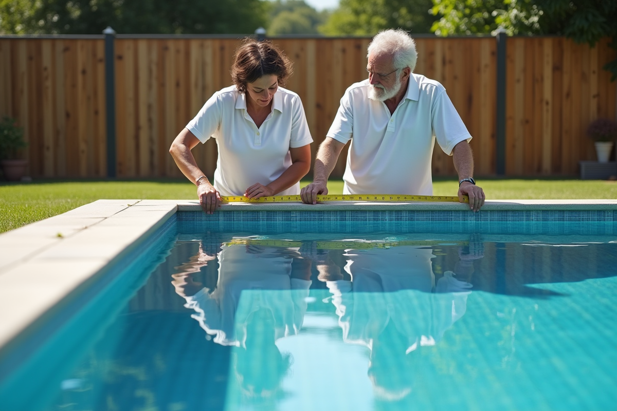 Couple regardant la piscine en vérifiant ses dimensions