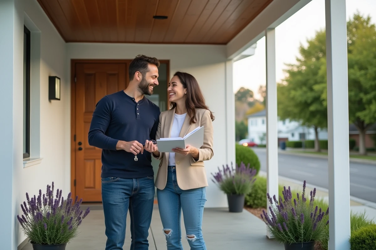 Couple de propriétaires devant leur maison tenant des documents d'assurance habitation