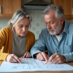 Couple moyenâge étudie plans de rénovation dans la cuisine