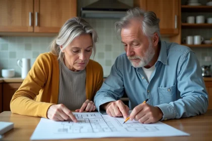 Couple moyenâge étudie plans de rénovation dans la cuisine
