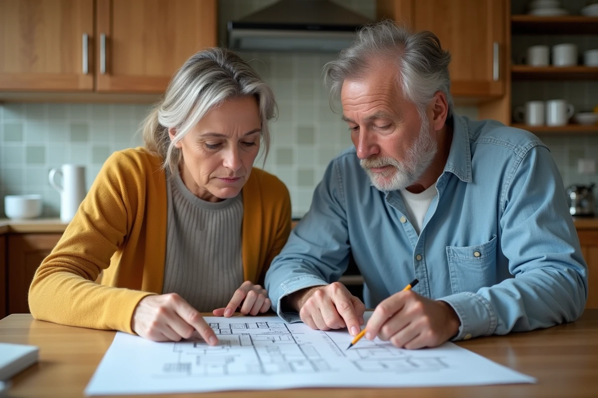 Couple moyenâge étudie plans de rénovation dans la cuisine