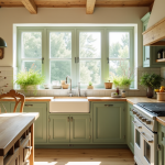 Cuisine de campagne ensoleillee avec meubles en bois et fleurs