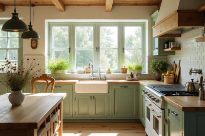Cuisine de campagne ensoleillee avec meubles en bois et fleurs