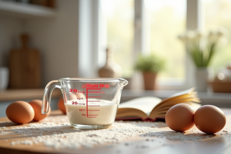 Plan de cuisine avec tasse à mesurer et ingrédients frais