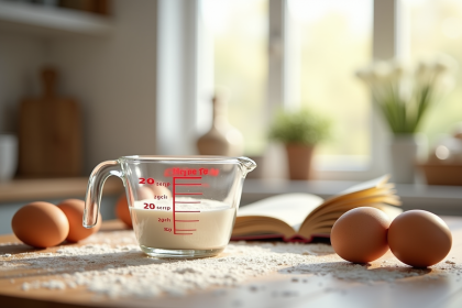 Plan de cuisine avec tasse à mesurer et ingrédients frais