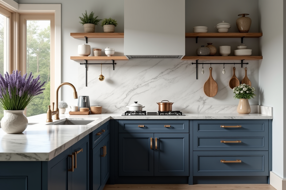 Cuisine moderne avec meubles bleus et bouquet de lavande