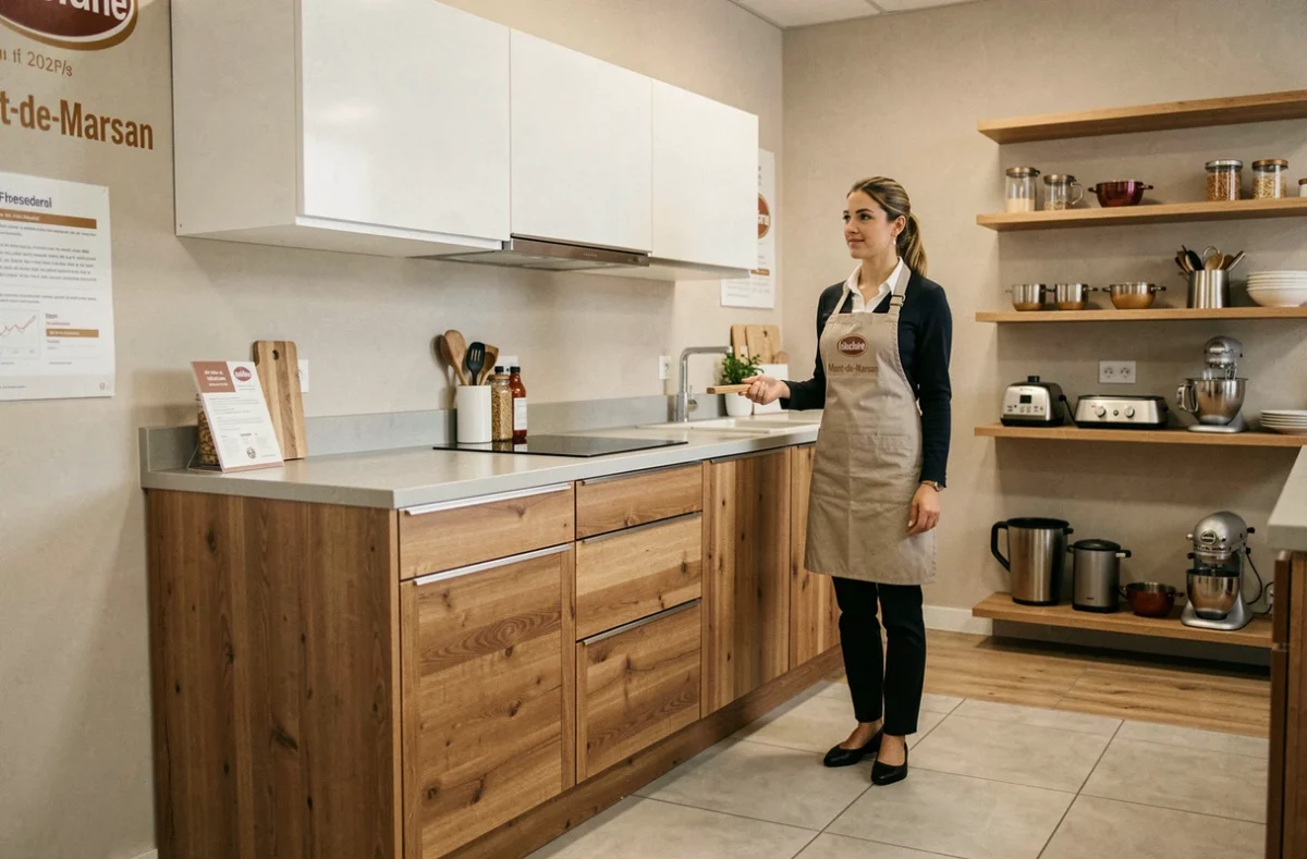 Conseillère Cuisinella à Mont-de-Marsan présentant une cuisine bicolore bois et blanc dans le showroom de la franchise