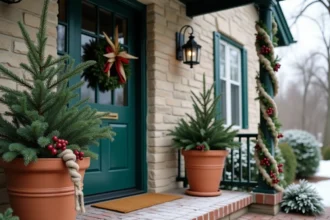 Décoration de Noël extérieure sobre et élégante sur un porche en pierre avec pots de pin, baies rouges et guirlande naturelle sous la neige