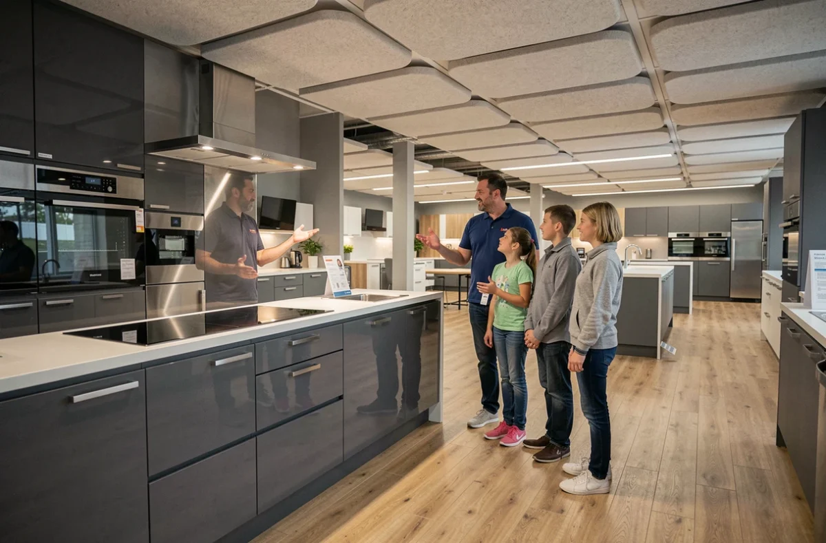 Conseiller de Delorme Meubles à Dax présentant une cuisine anthracite brillante avec électroménager intégré à une famille dans le showroom