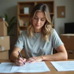 Femme remplissant des formulaires administratifs pour un déménagement EDF à une table en bois entourée de cartons