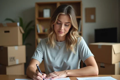 Femme remplissant des formulaires administratifs pour un déménagement EDF à une table en bois entourée de cartons
