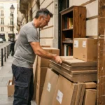 Homme empilant des encombrants soigneusement contre un immeuble haussmannien à Paris lors d'un déménagement