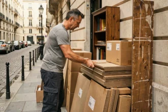 Homme empilant des encombrants soigneusement contre un immeuble haussmannien à Paris lors d'un déménagement
