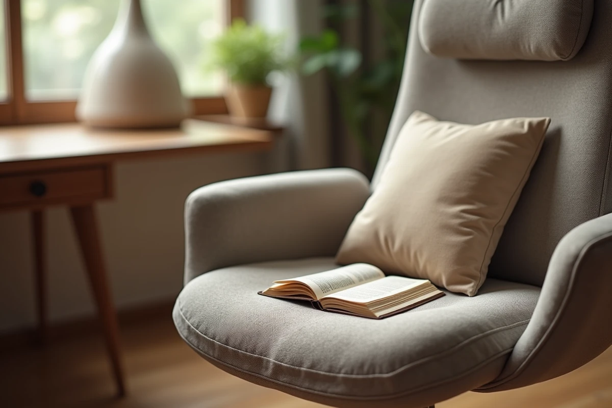 Détail du soutien lombaire et de l'accoudoir d'une chaise de lecture ergonomique avec livre posé sur le siège