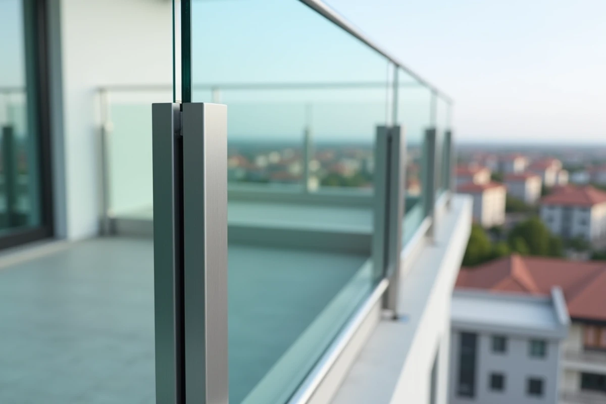 Détail d'un garde-corps en verre et aluminium conforme aux exigences de sécurité NF P01-012