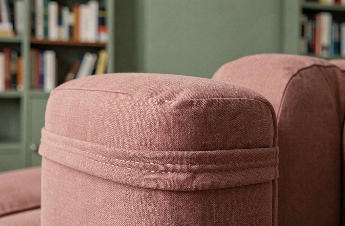 Détail de coin d'une housse rose en coton stretch ajustée sur l'accoudoir d'un canapé méridienne