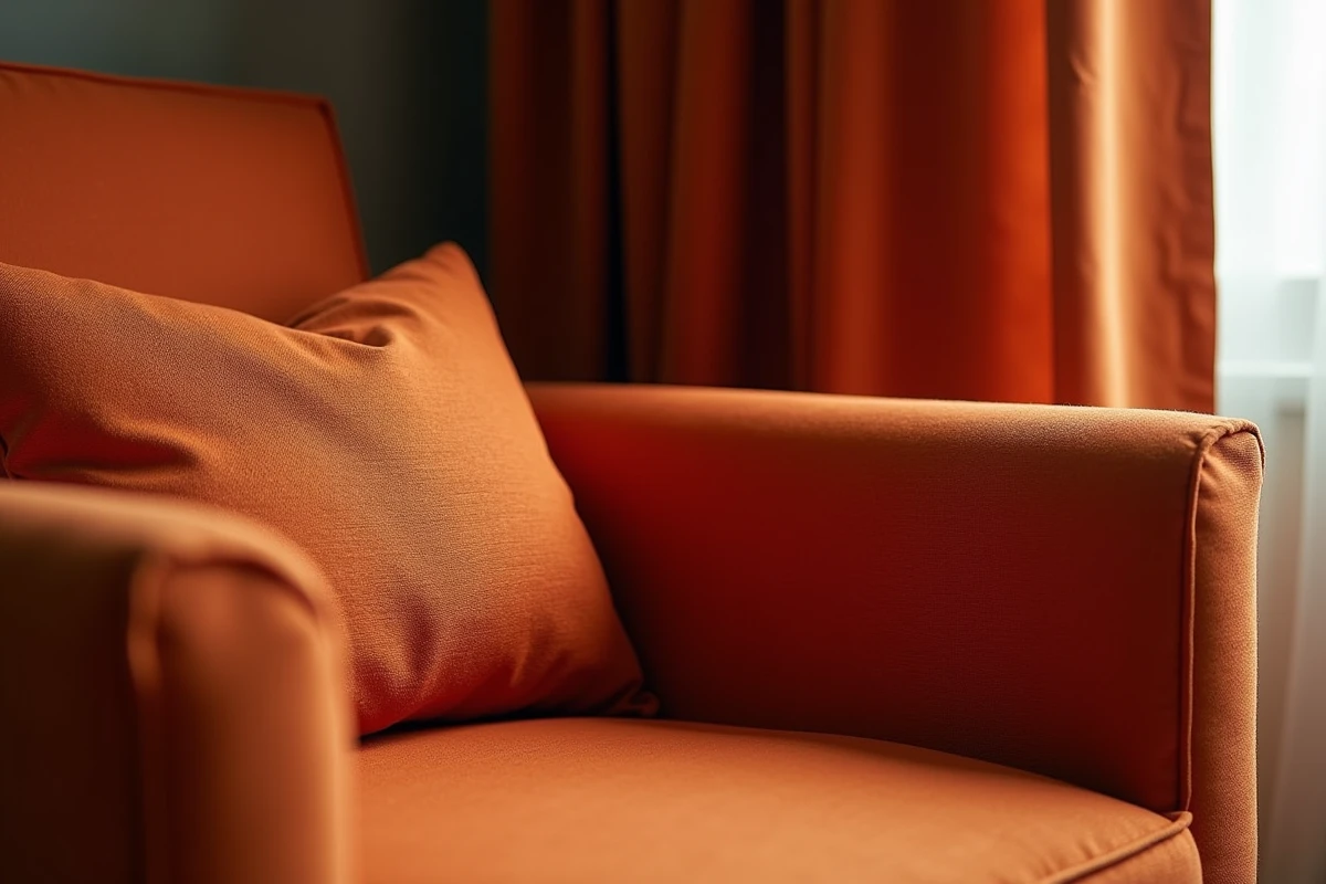 Gros plan sur une housse extensible en terracotta harmonisée avec un coussin géométrique et des rideaux en velours rouille