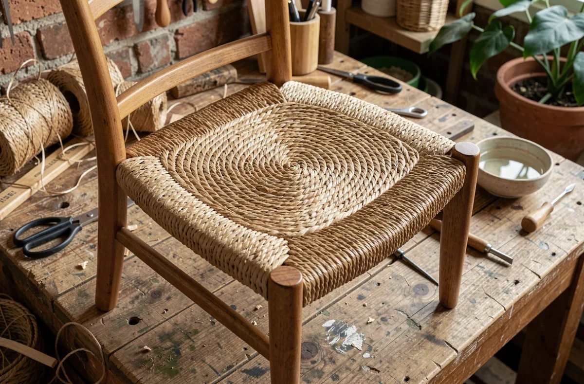 Gros plan d'un siège de chaise fraîchement rempaillé en herbe marine posé sur un établi d'atelier avec des outils de rempaillage