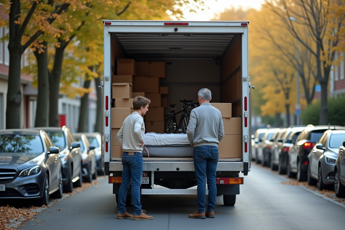Couple organisant un camion de déménagement à l'extérieur