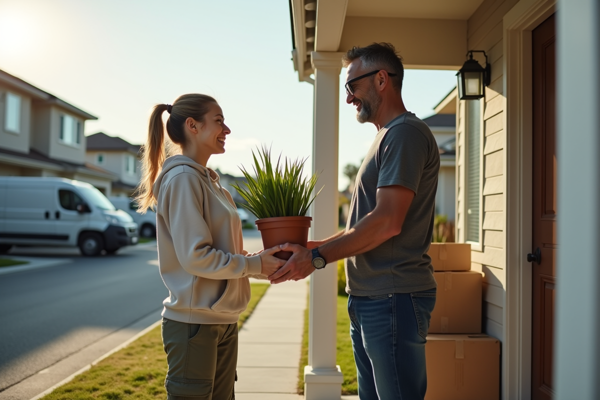 Jeune femme donnant une plante à un homme devant une maison