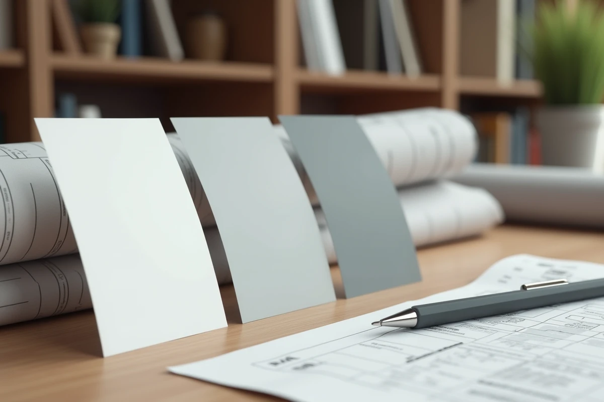 Échantillons de couleurs RAL 9006, RAL 7035 et RAL 9007 comparés sur un bureau d'architecte pour illustrer les erreurs fréquentes de choix chromatique