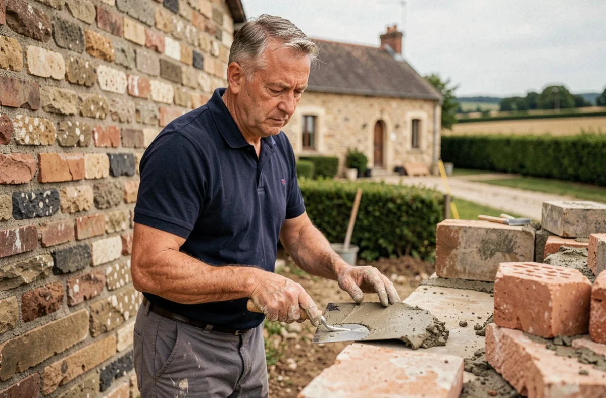 Maçon appliquant du mortier sur un mur en pierre lors d'un chantier de maçonnerie générale à Civens