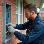Électricien vérifiant un panneau électrique extérieur