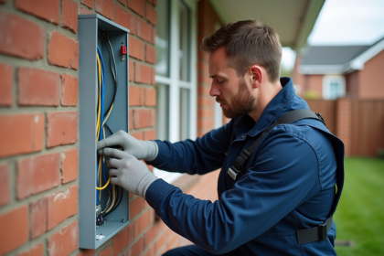 Électricien vérifiant un panneau électrique extérieur