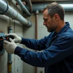 Électricien inspectant un raccord étanche sur une paroi en béton humide dans un sous-sol industriel